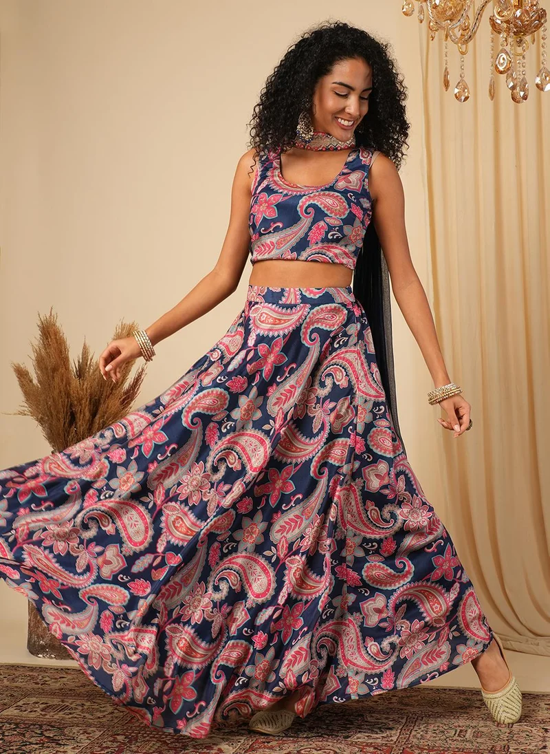 globus Globus Women Floral Printed Ready To Wear Lehenga With Choli & Choker Dupatta